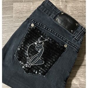 Baby Phat Women's Y2K Sequin Embroidered MidRise Tapered Black Jean SZ 9 (29x32)